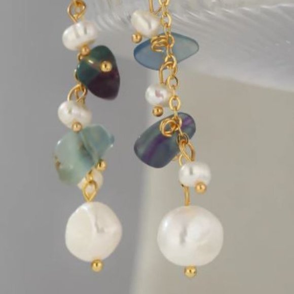 Tourmaline and Pearls on Gold Plated Copper Earrings - Picture 3 of 7